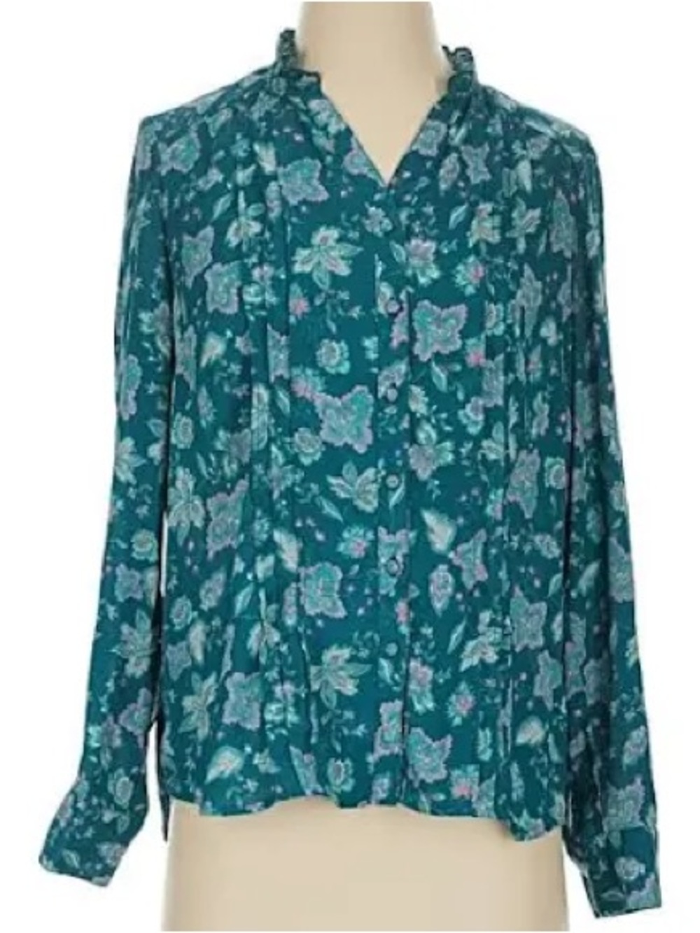 Nanette Lepore Floral Teal Long-Sleeve Button Front Blouse